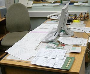 A desk in an office.