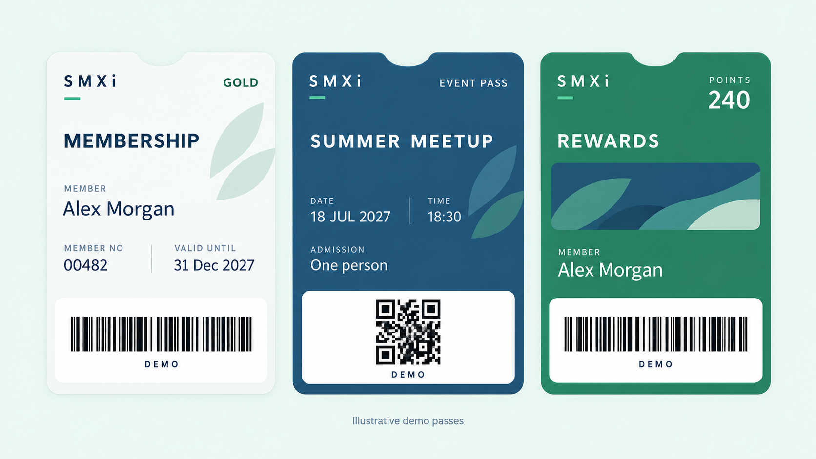 Illustrative SMXi membership, event and rewards wallet passes with fictional member details and demo barcodes.